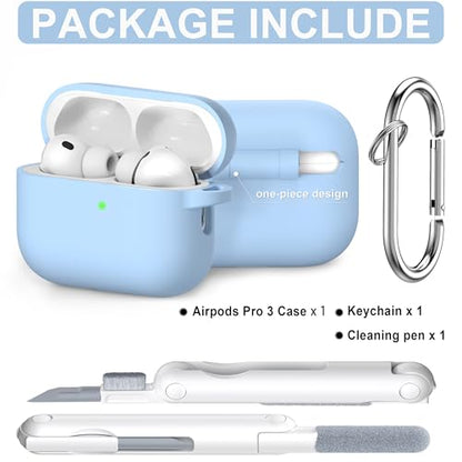 RFUNGUANGO AirPods Pro 3 Case Silicone Protective Cover, Sky Blue | Compatible with AirPods Pro 3rd Generation, Wireless Charging Compatible with Cleaning Kit & Keychain - color: B-Sky Blue, size: AirPods Pro 3 Case