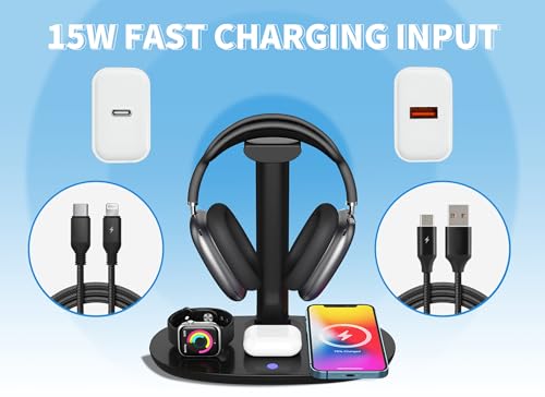 4 in 1 Headphone Stand with 15w Charger, Qi Charging Station Headset Holder, Detachable Design, Headphone Stand for Travel, Home, Hotel