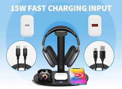 4 in 1 Headphone Stand with 15w Charger, Qi Charging Station Headset Holder, Detachable Design, Headphone Stand for Travel, Home, Hotel