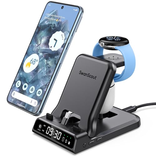 3 in 1 Charging Station for Google Pixel Watch 3/2, 25W Super Fast Wired USB C Charger Stand for Google Pixel 10/10 Pro/10 Pro XL/9/8/7, Pixel Buds Pro 2/2a, SwanScout 701G2, (Not for Pixel Watch 4/1)