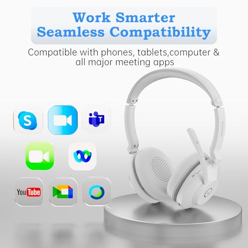 Bluetooth Wireless Headset with Mic for Work, Advanced Noise Reduction Microphone, Clear Calls - Comfortable On-Ear Headphones, Bluetooth 5.3, Applicable to Laptop, PC, Zoom, Office(White) - color: White