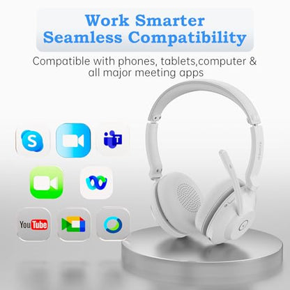 Bluetooth Wireless Headset with Mic for Work, Advanced Noise Reduction Microphone, Clear Calls - Comfortable On-Ear Headphones, Bluetooth 5.3, Applicable to Laptop, PC, Zoom, Office(White) - color: White