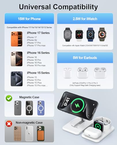 3 in 1 Magnetic Wireless Charger for Apple Multiple Devices, Foldable Fast Charging Station - Magsafe Charger Stand, Travel Charger Pad for iPhone 17 16 15 14 13 12 Series/Apple Watch/AirPods Pro | Magsafe Charger Stand for Multiple Devices, Travel Charge