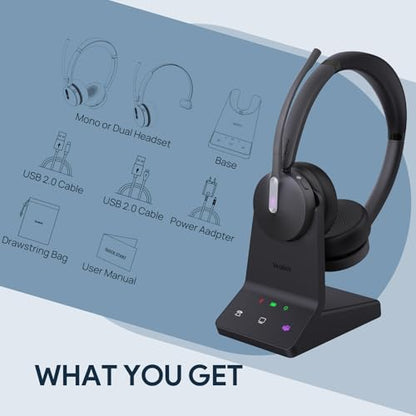 Yealink WH64 듀얼 UC DECT 블루투스 무선 헤드셋 휴대폰 PC 휴대폰용 | Zoom 인증 스테레오 헤드폰, 184.7m(600피트) 장거리, 3X 노이즈 캔슬링 마이크, 32시간 통화 시간, 사무실 콜 센터용 음소거 버튼 - style: WH64 듀얼 이어 UC