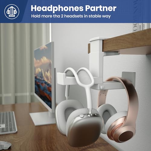 Dual Headphone Stand Holder - EURPMASK 2 in 1 PC Gaming Headset Hooks, 360 Degree Rotating Headphone Hanger with Adjustable Clamp & Cable Clip Organizer, Headset Mount Under Desk Earphone Clamp-White - color: White