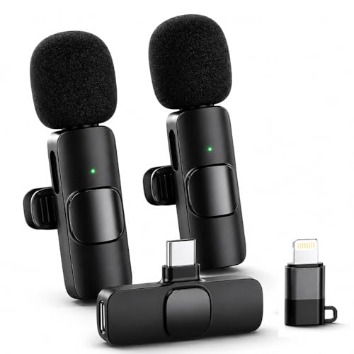 Acuvar Wireless Lavalier Microphone for Vlogging iPhone & Android, 2 Pack Mini Wireless Mic, Plug & Play Clip On Mics for Vlogging Video Recording, Interview, Adapter