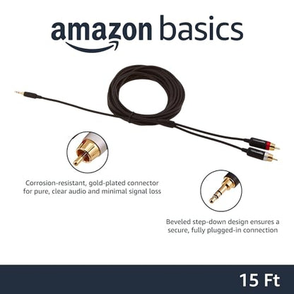 Amazon Basics 3.5mm Aux to 2 RCA Audio Cable for Amplifiers, Active Speakers, Smartphones, Tablet with Gold-Plated Plugs, Stereo Audio, 15 Feet/4.6 m, Black - size: 15 Feet