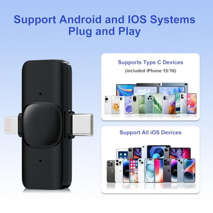 JUDKIOM 2 Pack Wireless Lavalier Microphone for iPhone,Android, USB C, Clip-on Mics, Bluetooth Lapel Mic for Video Recording Interview Vlog YouTube TikTok - style: 2 in 1