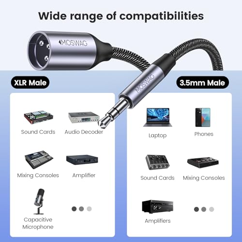 MOSWAG 3.5mm to XLR Cable, Unbalanced 1/8 inch to Microphone Cord 3FT | 20 AWG 4N Oxygen Free Copper, Nylon Braided, For Laptop, MP3 Player, Amplifier, Sound Cards, Mixer, Speaker - size: 1M/3.3FT
