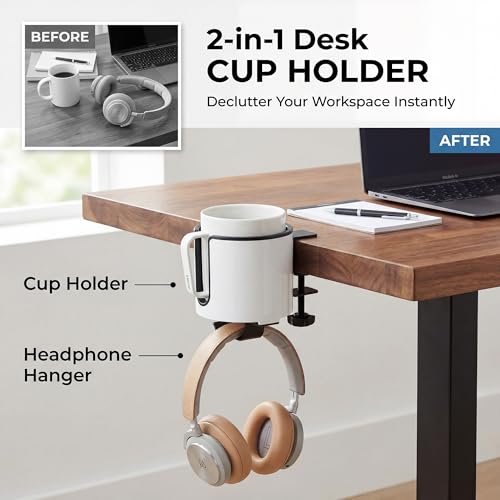 GUNKING Luxury 2-in-1 Anti-Spill Cup Holder with Under Desk Headphone Hanger (White) - color: WHITE