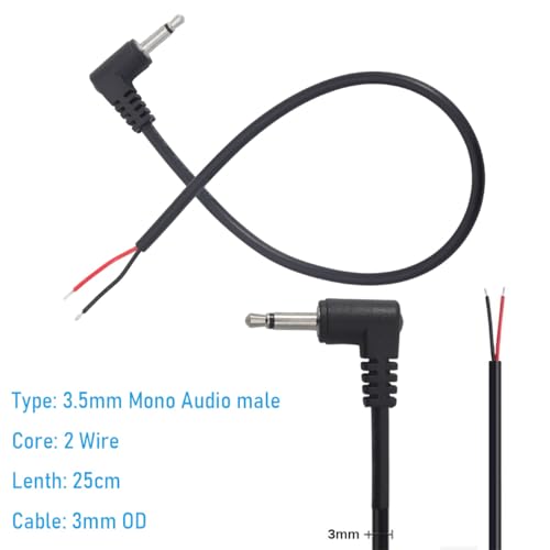 10PCS 3.5mm 1/8" TS Mono Right Angle Male Plug to 2Wire Pigtail Cable | 25cm Length，TS 2Pole，for Headphone Headset Earphone DIY Repair Replacement - style: 3.5mm TS Mono Right Angle Male