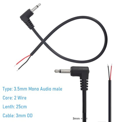 10PCS 3.5mm 1/8" TS Mono Right Angle Male Plug to 2Wire Pigtail Cable | 25cm Length，TS 2Pole，for Headphone Headset Earphone DIY Repair Replacement - style: 3.5mm TS Mono Right Angle Male