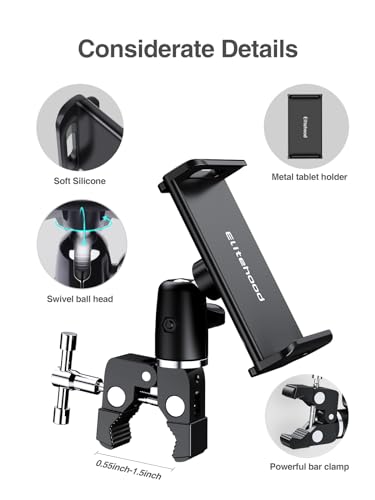 elitehood Metal iPad Holder for Mic Stand, Adjustable Tablet Holder for Mic | Aluminum iPad Mic Stand Holder for Microphone Music Stand, 360° Adjustable iPad Mount for 4.7-13" Tablets and Cell Phones - size: 4.5in - Single Ball Joint