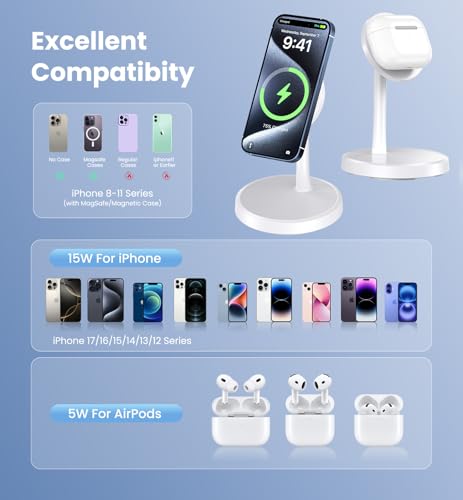 Magnetic Wireless Charger iPhone, 2 Pack 15W Fast Mag-Safe Charger Stand for iPhone 17/17 Air/17 Pro/17 Pro Max 16/15/14/13/12 Series, Wireless Charging Station for Pad/AirPods(White) - color: White