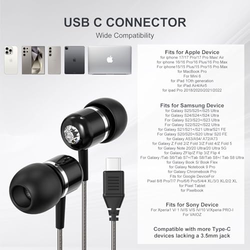 Cowyawn USB C Wired Earbuds, USB-C Headphone with Mic, in-Ear USBC Earphone