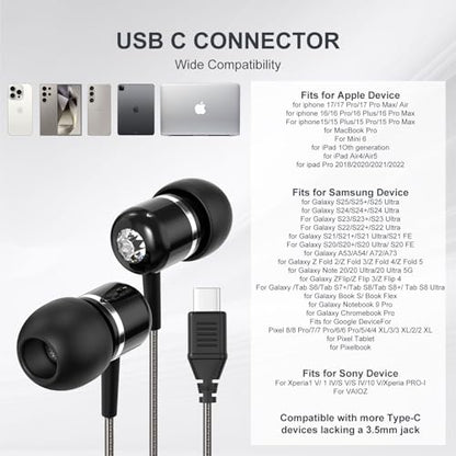 Cowyawn USB C Wired Earbuds, USB-C Headphone with Mic, in-Ear USBC Earphone