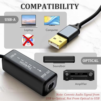 USB to Optical Audio Adapter 24Bit Sample Depth, PC to SPDIF Sound Card Optical Output Compatible with Windows macOS Laptop Computer, Not for TV, Signal Only from USB to Toslink Converter