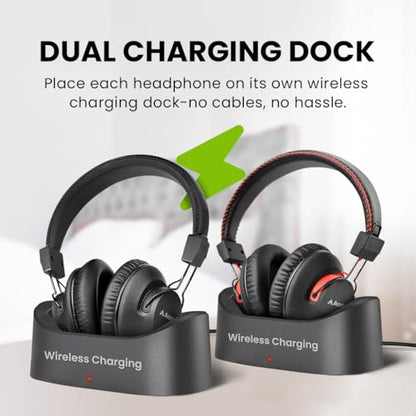 Avantree HT41899 Plus 2 - Dual Bluetooth Wireless TV Headphones for Seniors | Easy Charging Docks & Transmitter, Clear Voice, Independent Volume, aptX Adaptive, Low Latency, Optical & AUX TV Compatible