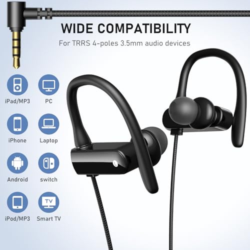 ASKUBSKU 5.9 ft Long Cord 3.5mm Headphones Sport Wired Earbuds with Mic | Earphone Stereo Over Ear Buds Wired Plug in with Ear Hook for Samsung Galaxy A25 A03s A15 S10 A12 for Switch/Laptop/PC