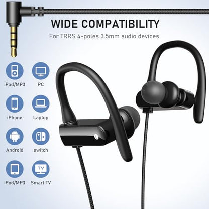 ASKUBSKU 5.9 ft Long Cord 3.5mm Headphones Sport Wired Earbuds with Mic | Earphone Stereo Over Ear Buds Wired Plug in with Ear Hook for Samsung Galaxy A25 A03s A15 S10 A12 for Switch/Laptop/PC