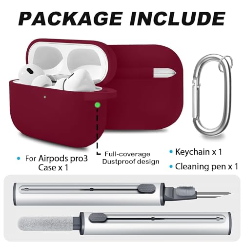 Full-Coverage dustproof Design for AirPods Pro 3 Case Cover with Cleaner Kit, Soft Silicone Cover for AirPods Pro 3rd Generation Comes with Keychain,Suitable for 3rd Generation Case,Wine Red - color: C1-Wine Red+pen