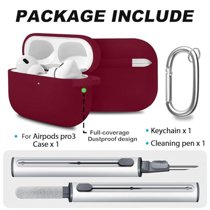 Full-Coverage dustproof Design for AirPods Pro 3 Case Cover with Cleaner Kit, Soft Silicone Cover for AirPods Pro 3rd Generation Comes with Keychain,Suitable for 3rd Generation Case,Wine Red - color: C1-Wine Red+pen