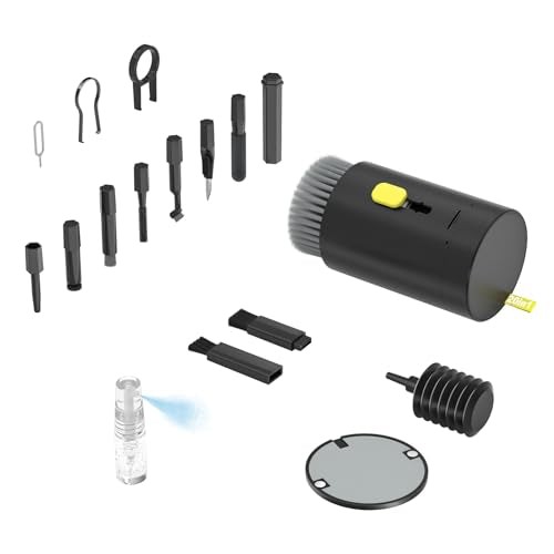 Tounee Keyboard Cleaner Kit, Electronics Cleaning Kit with Retractable Big Brush, Portable, 20 in 1 Multi-Tool Kit for Phones, Tablet, Computer, PC Monitor,TV Camera Lens with 2.5ml Mist Spray (Black) - color: Black