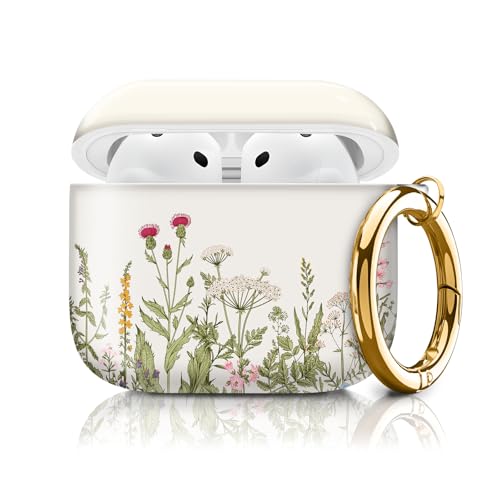 Cute Case Cover Compatible with AirPods 4th Generation 2024, Shockproof for Women & Girls with Cute Golden Round Buckle – Protective, Anti-Drop Design(Cute Beige Flower) - color: cute Beige Flower