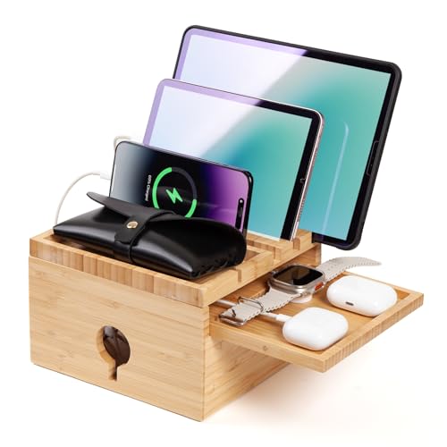 Bamboo Charging Station Organizer, No USB Charger and Cables | Nightstand Docking Station with Small Tray, Desktop Wood Charger Organizer, Compatible with Cell Phone, Tablet, Earphones - color: Natural bamboo color