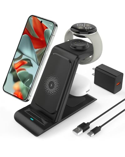 Upgraded 3 in 1 Wireless Charger for Google Pixel Watch 3/2, for Pixel 10 9/Pro/Pro XL/Fold,Buds Pro 2/Pro,Fitbit Versa 4/3,Wireless Charging Station for Multiple Devices (Not for Google Watch 4/1)