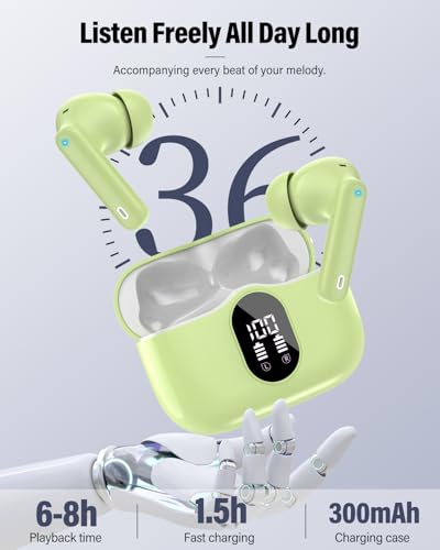 Wireless Earbuds, 2026 Bluetooth 5.4 Headphones Bass Stereo, Grass Green | Ear Buds with Noise Cancelling Mic LED Display in Ear Earphones IP7 Waterproof 36H Bluetooth Earbuds for Phones/Sport/Laptop - color: Grass Green