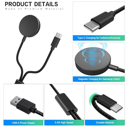 2 in 1 USB-C Magnetic Galaxy Watch Charger for Samsung Galaxy Watch 7/6/5/4/3/Classic, Pro 5/4, Active Watch 2/1, Galaxy Buds/Live/+, 5ft Fast Charging Cable for Galaxy S22/21/20/10 (Max 12W)