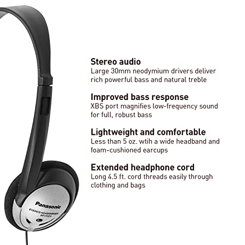 Panasonic Headphones On-Ear Lightweight with XBS RP-HT21 (Black & Silver) - size: 36 x 6.7 x 0.5 inches (Pack of 1), style: On Ear - No Mic