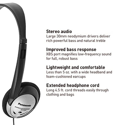 Panasonic Headphones On-Ear Lightweight with XBS RP-HT21 (Black & Silver) - size: 36 x 6.7 x 0.5 inches (Pack of 1), style: On Ear - No Mic