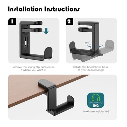 Rotating Headphone Hook - Under Desk Headphone Holder with 360-Degree Adjustable Rotation&Cable Clip Organizer - Black