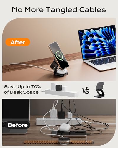 KU XIU Qi2.2 25W Magnetic Wireless Charger, Foldable 3 in 1 Travel Charging Station for iPhone 17/16/15/14/13/12, 5W for Apple Watch & AirPods, Aluminum Alloy Design, 45W GaN Adapter Included, Black - color: Black