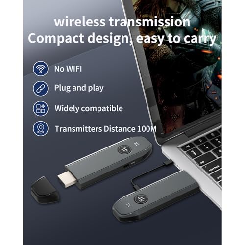 4K Wireless HDMI Transmitter and Receiver 328FT/100M, 2026 Upgraded 4K Input & 4K Output, 5G+2.4G Plug & Play HDMI Wireless Extender for Laptop PC Camera to TV Box Monitor Projector