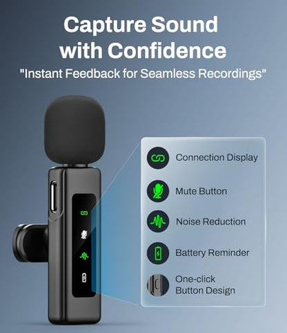 Wireless Lavalier Microphone for USB-C, Plug & Play Clip-On Mic with Active Noise Reduction, Long Battery Life, Wide Compatibility for iPhone 15/Android/PC/Vlog/YouTube