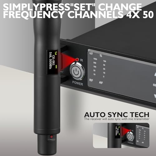 Wireless Microphone System with 4 Channel Wireless Mics | Professional Handheld Dynamic Microphones, IR Auto Scan, 4x50 UHF Frequencies, 328ft Range, Mics for Singing, Church, Karaoke