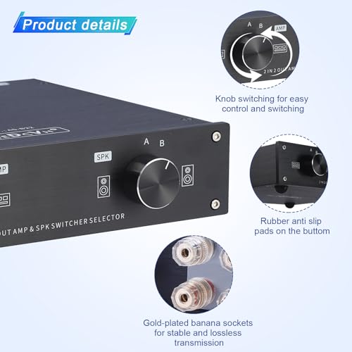 2 Zone Amplifier Speaker Lossless Switcher Selector, 2 in 2 Out Amps Speakers Switch Control Box Splitter, 2 Way Stereo Audio A B Switches