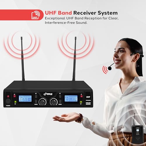 PYLE, Wireless Microphone System, UHF, 16 Channels, Belt Packs, Lavalier Mics, Rack Mountable Receiver, LCD Display, Dual Antennas, Bodypack Transmitters, Headset Microphones, Audio Cable, Case