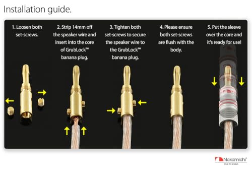 Nakamichi GrubLock Excel Series 24k Gold Plated Banana Plugs, 10-18 AWG | Gauge Size 4mm for Speakers Amplifier Hi-Fi AV Receiver Stereo Audio Wire Cable Screw Connector, 4 Pcs (2-Pairs) - size: 4 Pcs (2-Pairs)