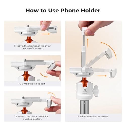 K&F CONCEPT 62'' Selfie Stick Tripod. | 2-in-1 Phone Holder, 360°Ball Head Compatible with DJI Osmo Pocket 4/3 GoPro 13/12 iPhone17. MS08 - color: White
