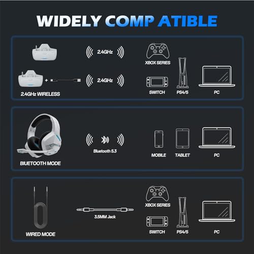BINNUNE Wireless Gaming Headset for Xbox Series X/S, Xbox One, PS5, 120H Ultra-Long Battery, Bluetooth 5.3 Gaming Headphones with Noise-Canceling Mic, Comfortable Over-Ear Headphones,White - color: White