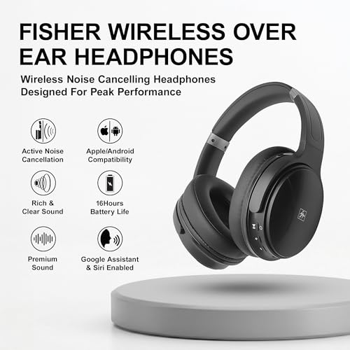 Fisher Pro Active Noise Cancelling Headphones,Over-Ear Headphones Wireless | Bluetooth 5.3, Microphone, Lightweight Comfortable Headset for Home, Travel, Rechargeable Workout Headphones, Deep Base - color: Black