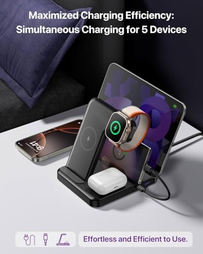 Multiple Devices Charging Station, 5-in-1 Charging Station for iPhone 17 Pro Max/Pro/16/15/14/13/12, iPad Pro/Air/Mini, Apple Watch and Airpods,Wireless Charging Dock(G805) (Black) - color: Black