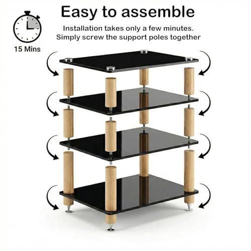 Audio Component Rack, Stereo Rack with 8mm Tempered Glass Shelves, Solid Wood Columns & Anti-Vibration Metal Feet for Power Amplifier, Stereo Receiver, Turntable & AV Equipment(Black,1 Tier) - color: Black, size: 1 Tier