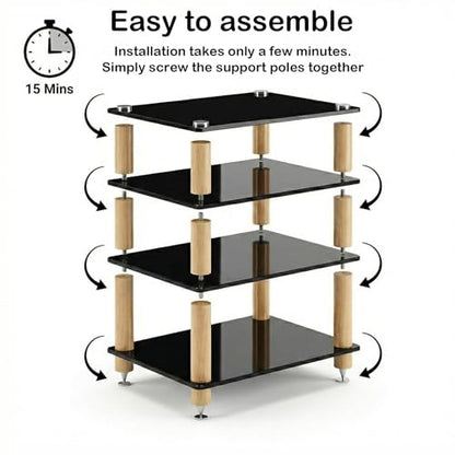 Audio Component Rack, Stereo Rack with 8mm Tempered Glass Shelves, Solid Wood Columns & Anti-Vibration Metal Feet for Power Amplifier, Stereo Receiver, Turntable & AV Equipment(Black,1 Tier) - color: Black, size: 1 Tier