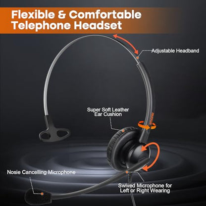 One Ear Wired Office Headset | Single Ear RJ9 Call Center Telephone Headset | Noise-Cancelling Mic | Compatible with Landline/IP Phones - Yealink, Sangoma, Grandstream, Akuvox, Escene, Atcom