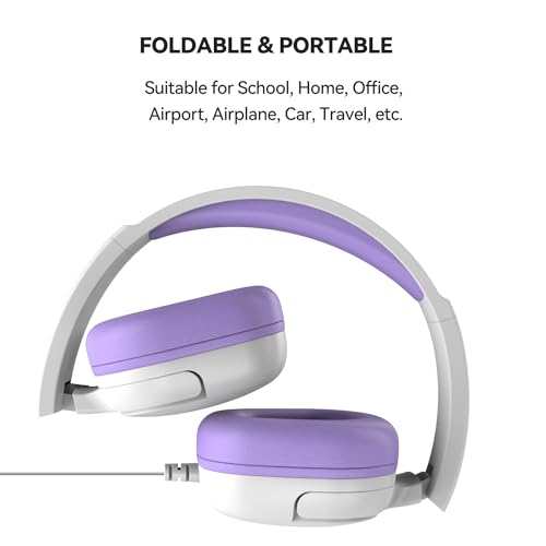 Jimonyer Kids Headphones for School, 3.5mm Jack Wired Headphones for Kids with Safe Volume Limiter, HD Stereo Sound On-Ear Girls Boys Toddler Headphone for Tablet, iPad, Kindle(WhitePurple) - color: WhitePurple